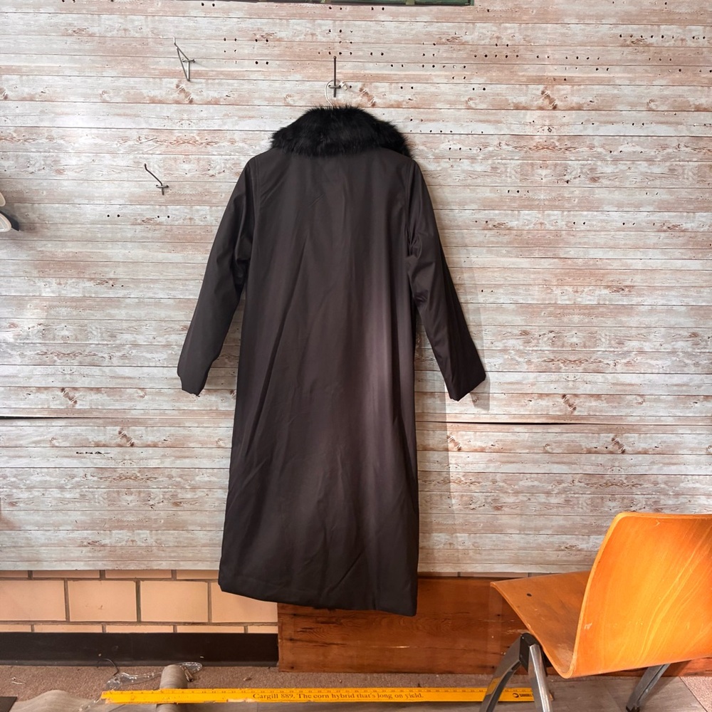 dennis basso Black Long Trench Coat with Faux Fur Trim - Picture 5 of 6